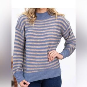 Lumiere Pullover Fall Sweater Women Soft Knit Crew Neck Blue Tan Stripe Large